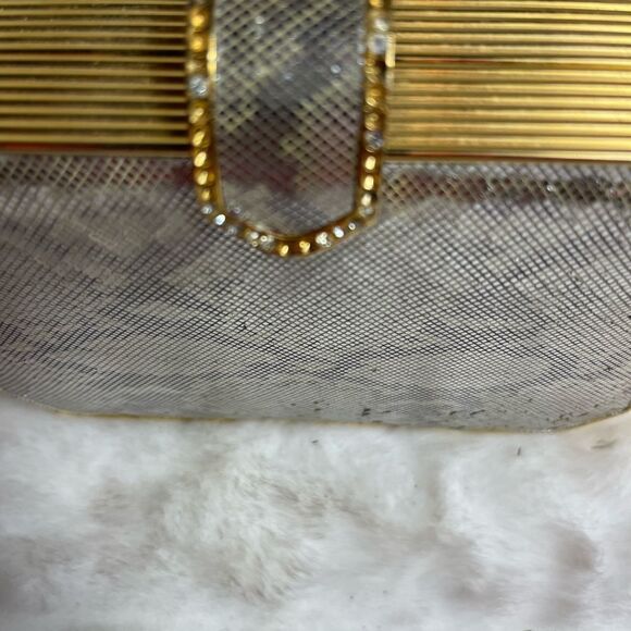 Sondra Roberts gold metallic faux snake skin box clutch with shoulder st… - Picture 7 of 9